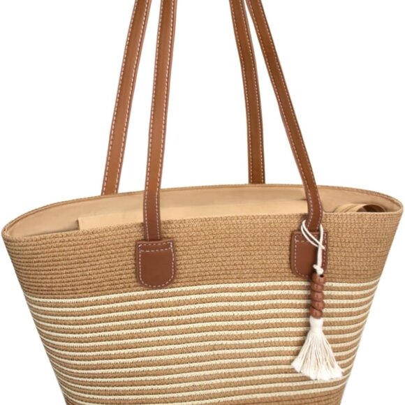 Straw Beach Tote Bag Women Large Woven Purse with Zipper Summer Travel - Picture 1 of 7